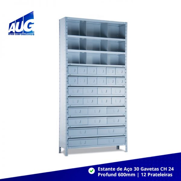 ESTANTE DE AÇO EDRG-30/600 - 30 GAVETAS E DIVISÓRIAS 12 PRATELEIRAS CH 24 PROFUNDIDADE 600