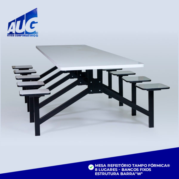 MESA PARA REFEITÓRIO 8 LUGARES - BANCOS FIXOS - ESTRUTURA BARRA W