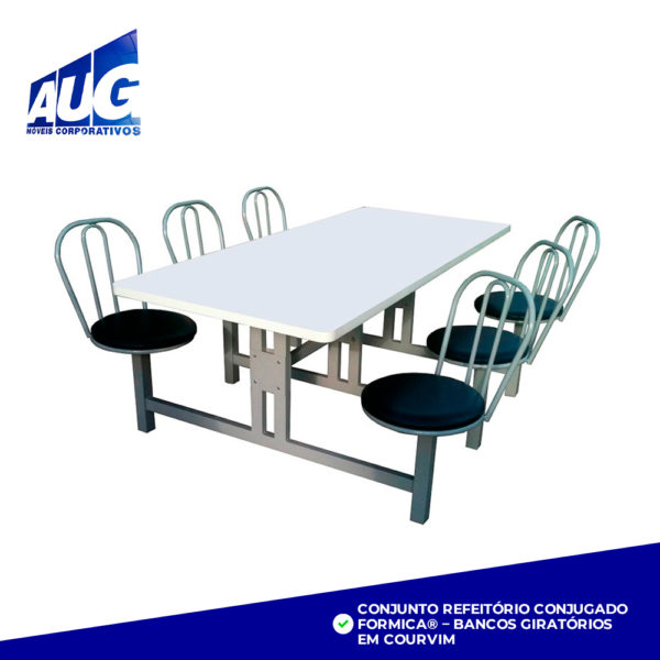 CONJUNTO REFEITÓRIO CONJUGADO FORMICA® – BANCOS GIRATÓRIOS EM COURVIM